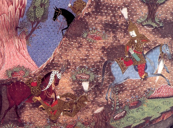 Miniatur-Detail aus dem 16. Jahrhundert: Ein osmanischer Reiter wirft seinen ungarischen Feind mit dem Fanglasso vom Pferd.