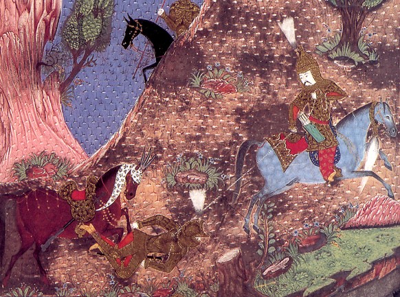 Miniatur-Detail aus dem 16. Jahrhundert: Ein osmanischer Reiter wirft seinen ungarischen Feind mit dem Fanglasso vom Pferd.
