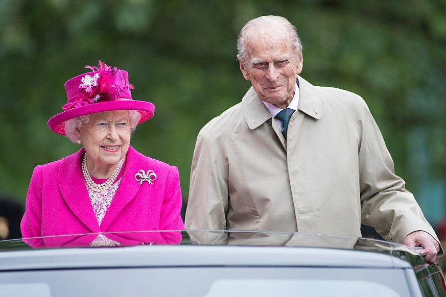 LONDON, ENGLAND - JUNE 12: (L-R) Queen Elizabeth II and Prince Philip, Duke of Edinburgh during &quot;The Patron's Lunch&quot; celebrations for The Queen's 90th birthday at The Mall on June 12, 2016 i ...
