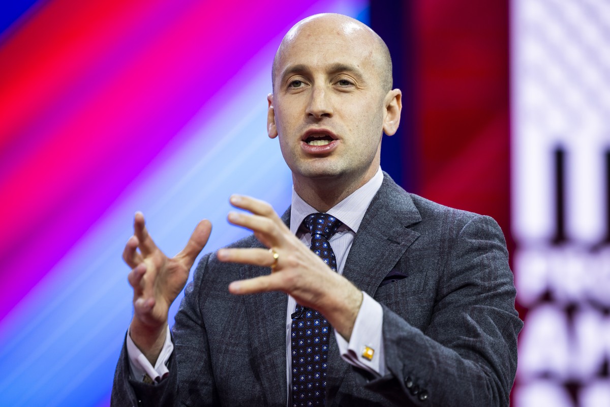 epa10503241 Stephen Miller, former senior advisor to President Trump, speaks at the Conservative Political Action Conference (CPAC), billed as the largest conservative gathering in the world, at the G ...