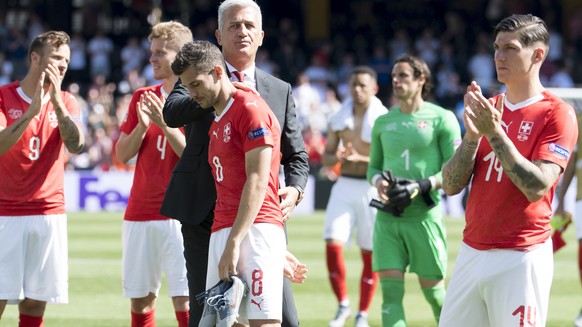 From left, Switzerland&#039;s forward Haris Seferovic, Switzerland&#039;s defender Nico Elvedi, Switzerland&#039;s midfielder Remo Freuler, Switzerland&#039;s head coach Vladimir Petkovic, Switzerland ...