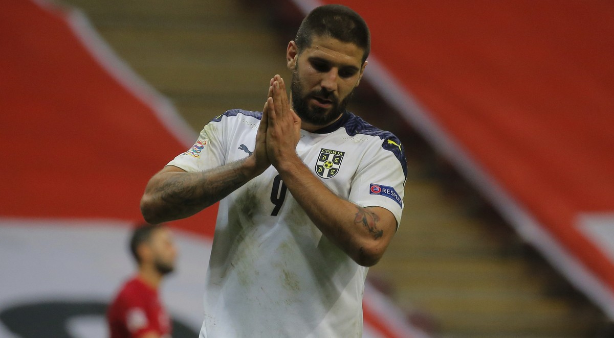 Serbia's Aleksandar Mitrovic reacts after missing a chance to score during the UEFA Nations League soccer match between Turkey and Serbia in Istanbul Wednesday, Oct. 14, 2020. The match ended 2-2 ...