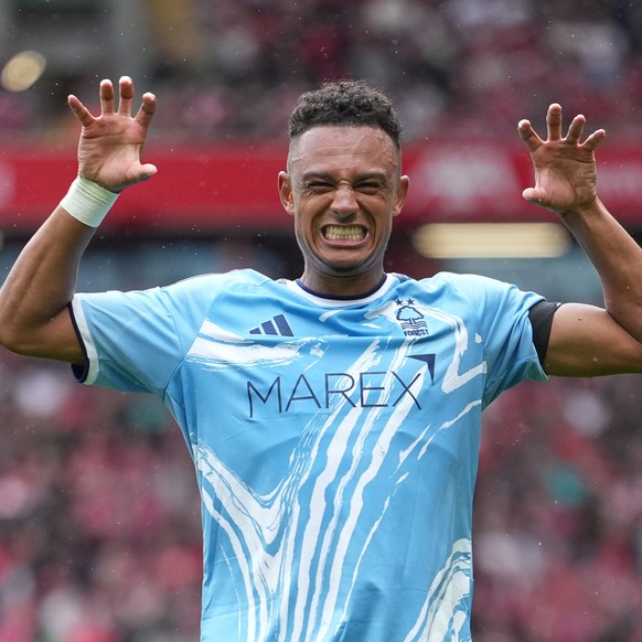 Nottingham Forest's Dan Ndoye celebrates after scoring his side's opening goal during the English Premier League soccer match between Liverpool and Nottingham Forest in Liverpool, England, S ...