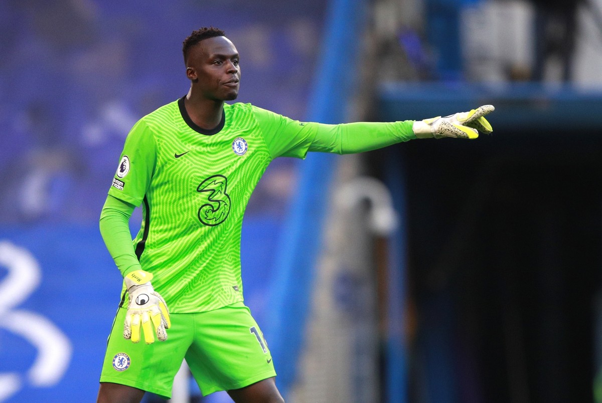 Chelsea's goalkeeper Edouard Mendy during the English Premier League soccer match between Chelsea and Manchester United at Stamford Bridge Stadium in London, England, Sunday, Feb. 28, 2021. (AP P ...