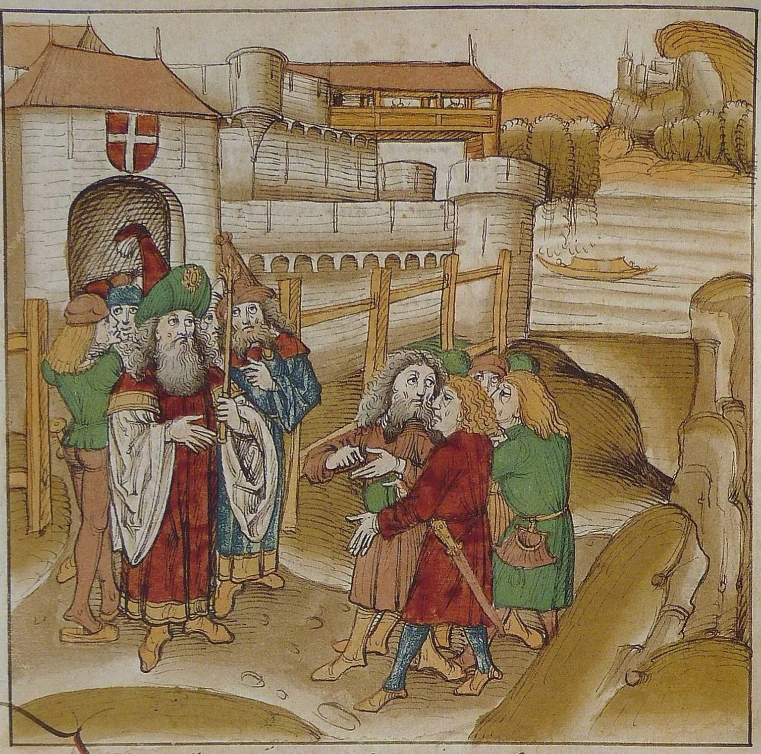 Peter II. empfängt einen Berner Gesandten vor dem Schloss Chillon. 1255 schloss der Graf das erste Schutzabkommen mit der Stadt Bern ab. Illustration aus der Spiezer Chronik (1485) von Diebold Schilli ...