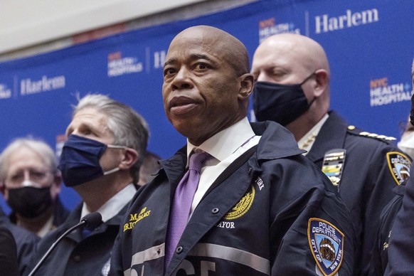 FILE �?? New York Mayor Eric Adams speaks during the press conference at Harlem Hospital after the shooting of a New York City Police Department officer, in Harlem, Friday, Jan. 21, 2022, in New York. ...
