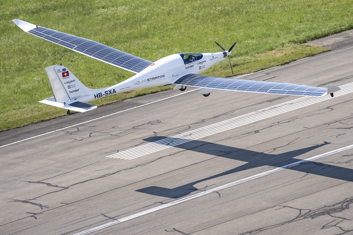 SolarStratos, a solar powered aircraft prototype, flown by Swiss adventurer Raphael Domjan during takeoff at Payerne Airport, Switzerland, Tuesday, June 24, 2025. (KEYSTONE/Til Buergy)