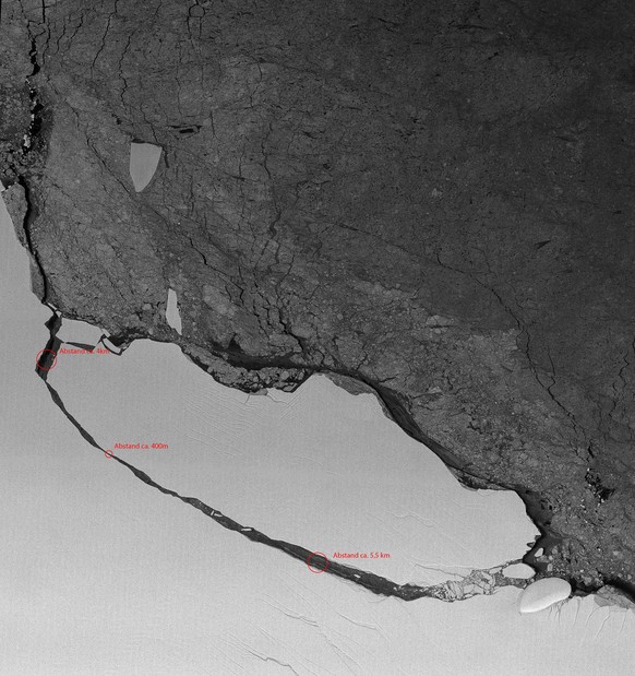 epa06122471 A handout photo made available by the German Aerospace Center (DLR) on 25 July 2017 shows a TSX-ScanSAR image of the Larsen-C ice shelf after its calving in the Antarctica, 22 July 2017. S ...