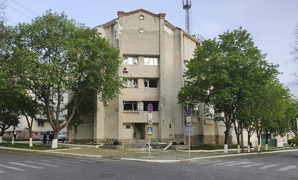 A view of the damaged building of the Ministry of State Security, in Tiraspol, the capital of the breakaway region of Transnistria, a disputed territory unrecognized by the international community, in ...