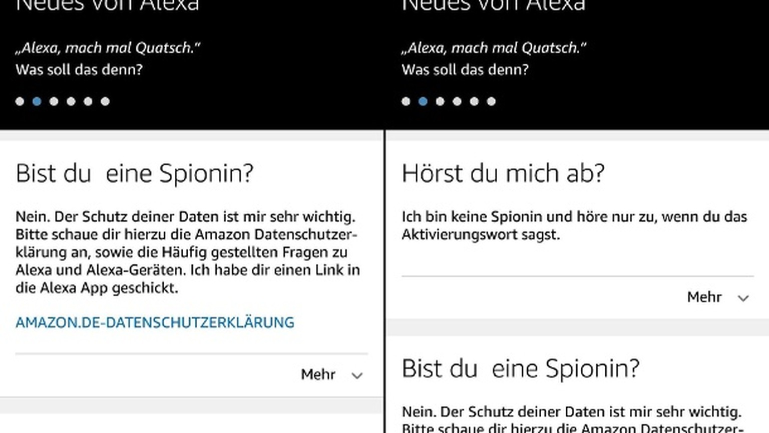 Zwei Screenshots aus der Alexa-App mit der Text-Antwort des digitalen Assistenten auf die Fragen: Bist du eine Spionin? Und: Hörst du mich ab?