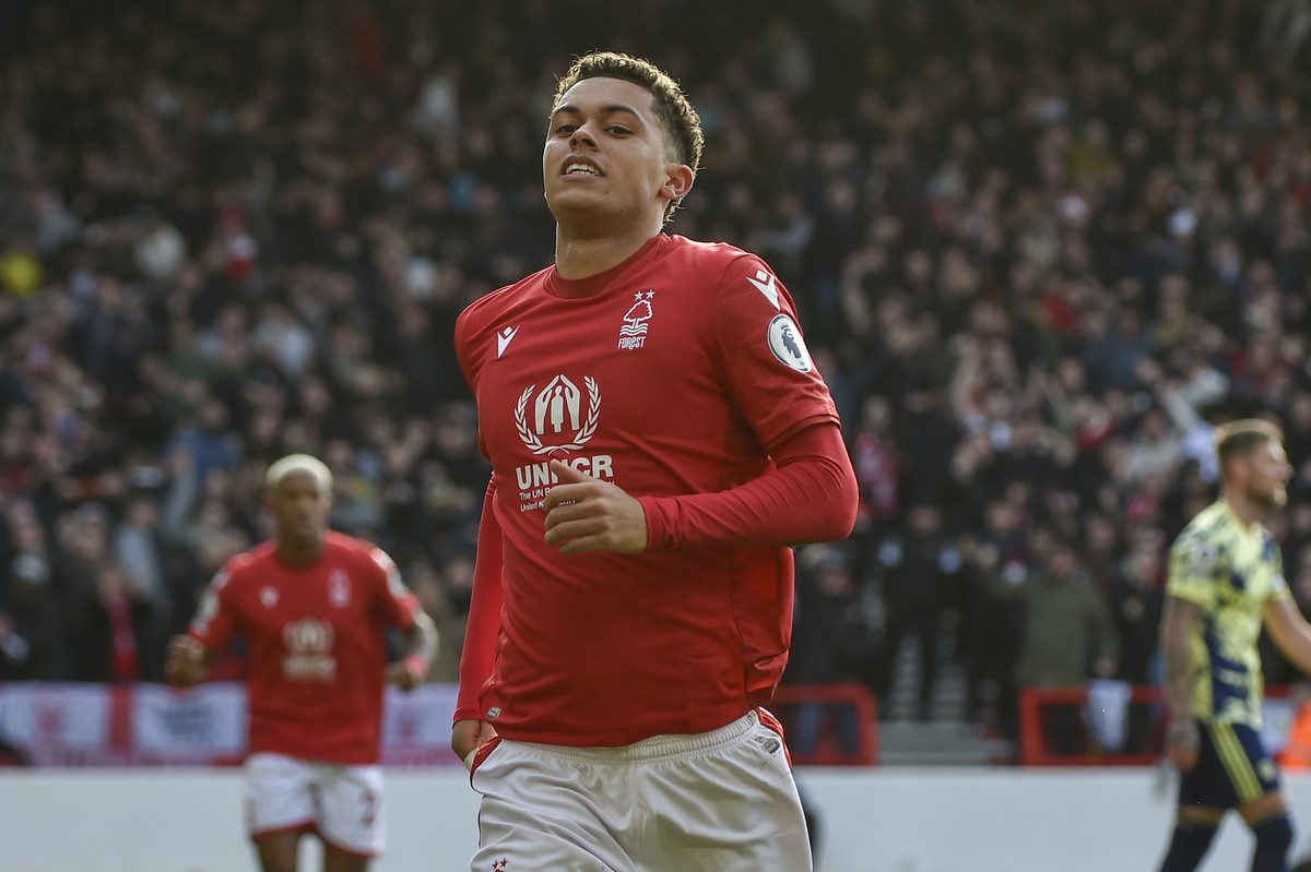 Nottingham Forest's Brennan Johnson celebrates scoring his side's opening goal during the English Premier League soccer match between Nottingham Forest and Leeds United at City Ground stadiu ...