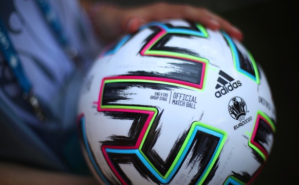 epa09266957 The official adidas Uniforia match ball prior to the UEFA EURO 2020 group D preliminary round soccer match between England and Croatia in London, Britain, 13 June 2021. EPA/Carl Recine / P ...