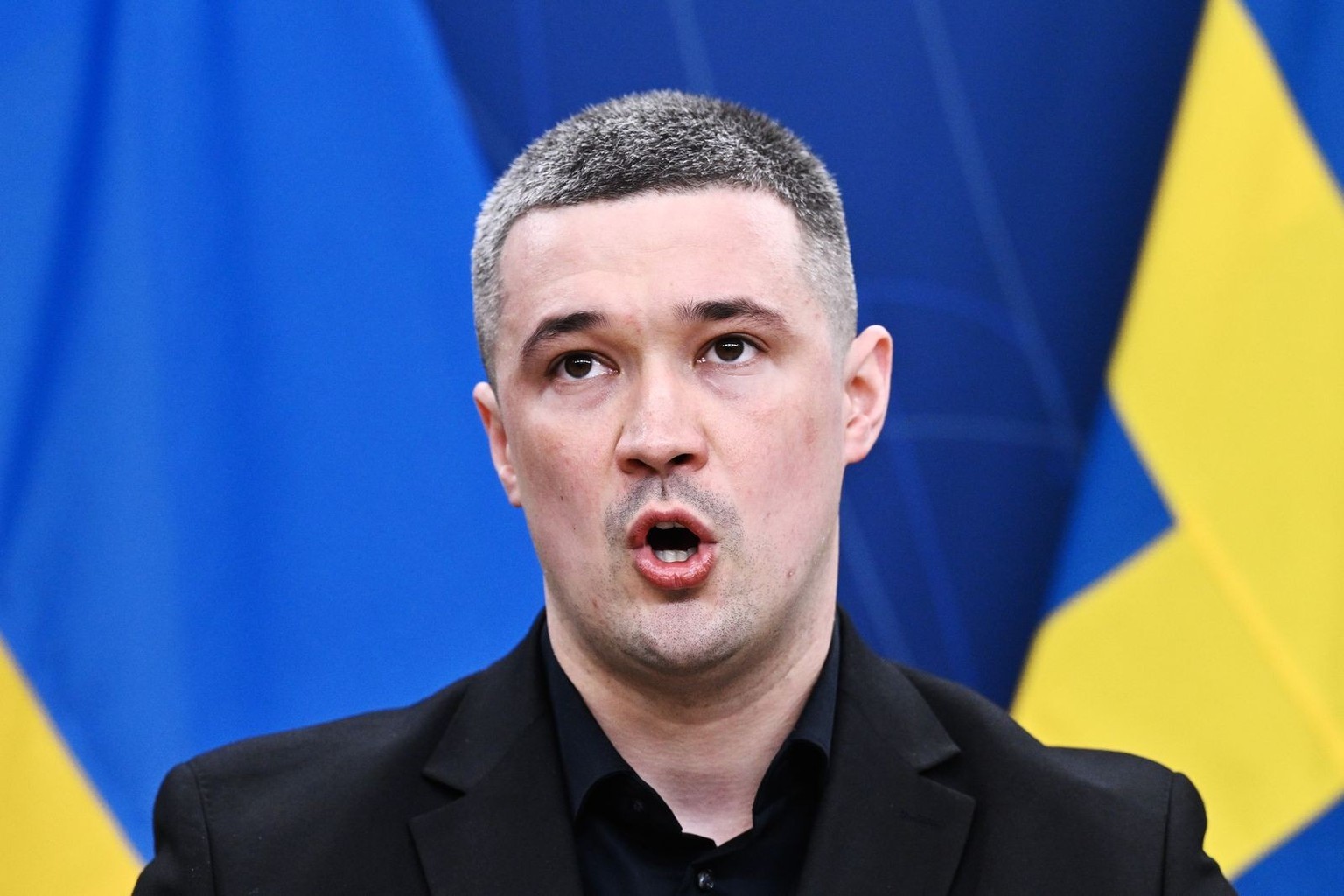 epa12938863 Ukrainian Defense Minister Mykhailo Fedorov attends a joint press conference with the Swedish defense minister during their meeting in Stockholm, Sweden, 07 May 2026. EPA/Fredrik Sandberg  ...