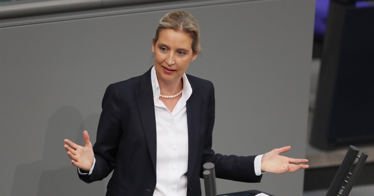 epa07452500 Alternative fuer Deutschland party (AfD) faction co-chairwoman in the German parliament Bundestag Alice Weidel speaks during a session of the German parliament 'Bundestag' in Ber ...