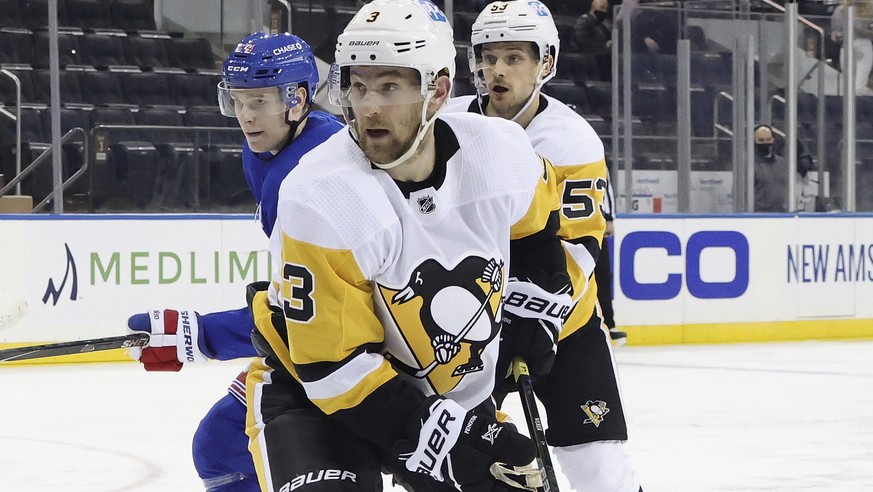 Pittsburgh Penguins&#039; Yannick Weber skates against the New York Rangers during an NHL hockey game Saturday, Jan. 30, 2021, in New York. (Bruce Bennett/Pool Photo via AP)