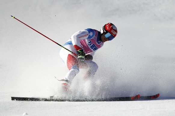 Switzerland&#039;s Loic Meillard arrives in the finish during the first run of the men&#039;s giant slalom FIS World Cup race in Adelboden, Switzerland, Saturday, January 11, 2020. (KEYSTONE/Peter Kla ...