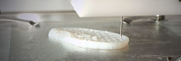Empa druckt Ohr-Implantat mit 3D-Drucker: Mit dem Bioplotter lässt sich das zähflüssige Nanocellulose-Hydrogel zu komplexen Formen ausdrucken.