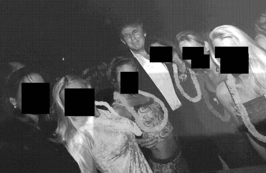 Auf einem Epstein-Foto ist Donald Trump zu sehen, umringt von Frauen, von denen einige Blumenkränze um den Hals tragen. Ihre Gesichter sind unkenntlich gemacht, doch der Präsident ist in der Mitte zu  ...