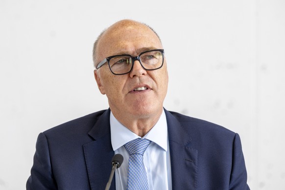 Bundesrat Martin Pfister informiert die Medien, anlaesslich einer Medienkonferenz des VBS mit einer Praesentation zum Aufklaerungsdrohnensystem 15 (ADS 15) vom Donnerstag, 4. September 2025 bei der Ar ...