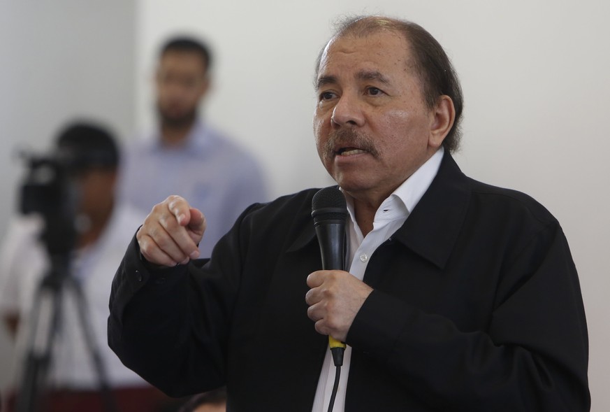 Nicaragua&#039;s President Daniel Ortega speaks at the opening of a national dialogue, in Managua, Nicaragua, Wednesday, May 16, 2018. Ortega sat down Wednesday to formally talk with opposition and ci ...