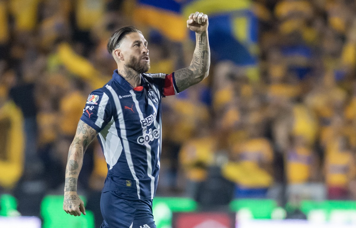 epa12028488 Sergio Ramos of Monterrey celebrates a goal, in a Liga MX soccer match between Tigres and Monterrey in Monterrey, Mexico, 12 April 2025. EPA/Miguel Sierra