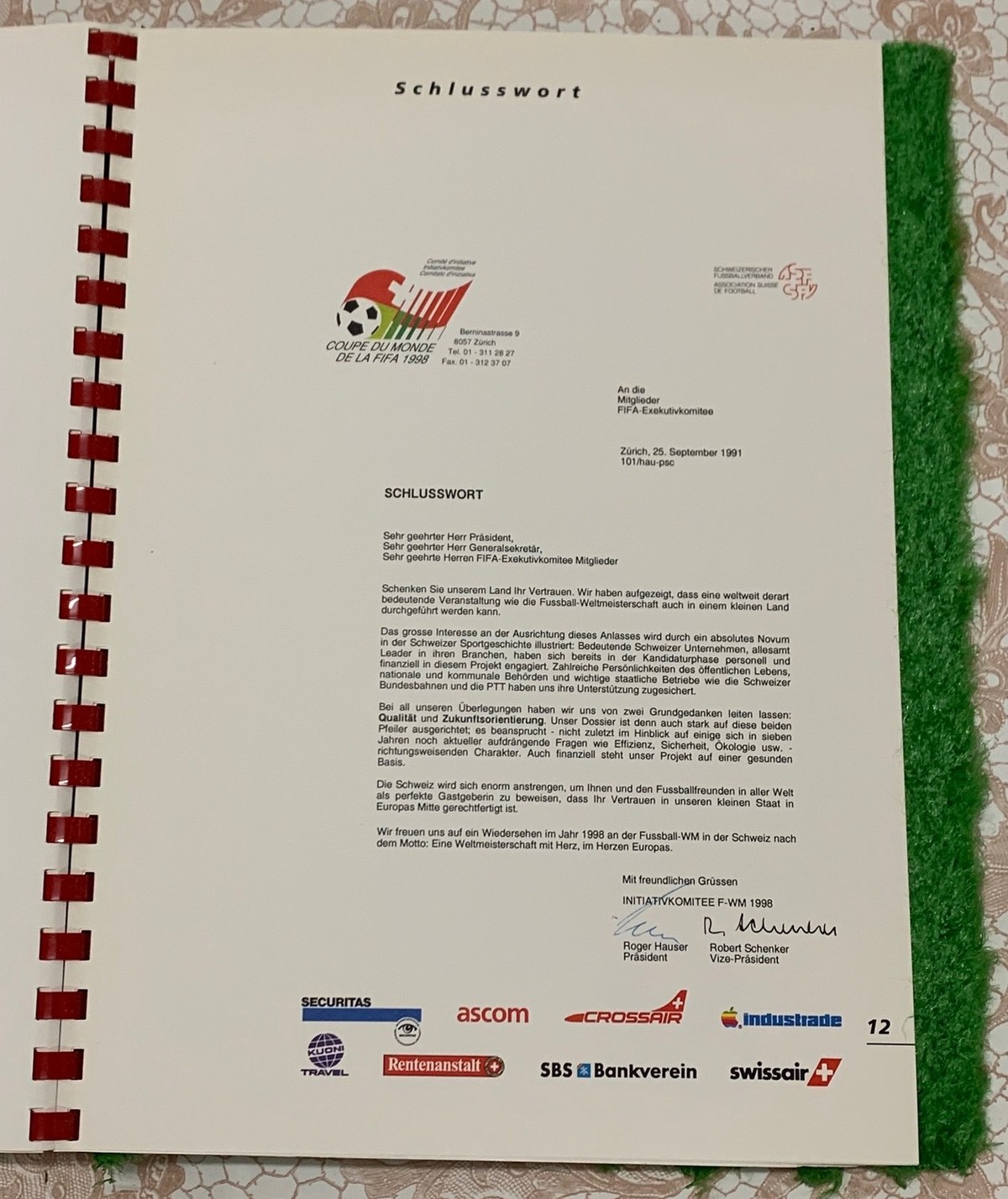 Schlusswort des Schweizer Dossiers für die Fussball-WM von 1998.