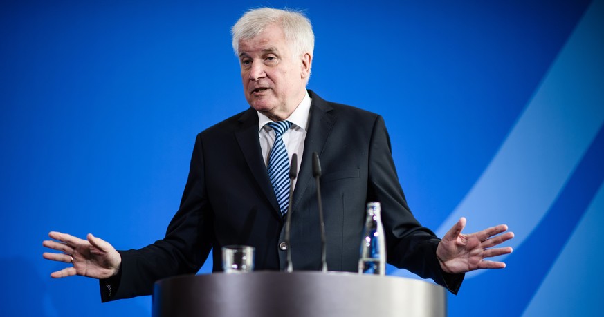 epa06980560 German Minister of Interior, Construction and Homeland Horst Seehofer during a joint press conference with German Defense Minister Ursula von der Leyen (not in the picture) on the occasion ...