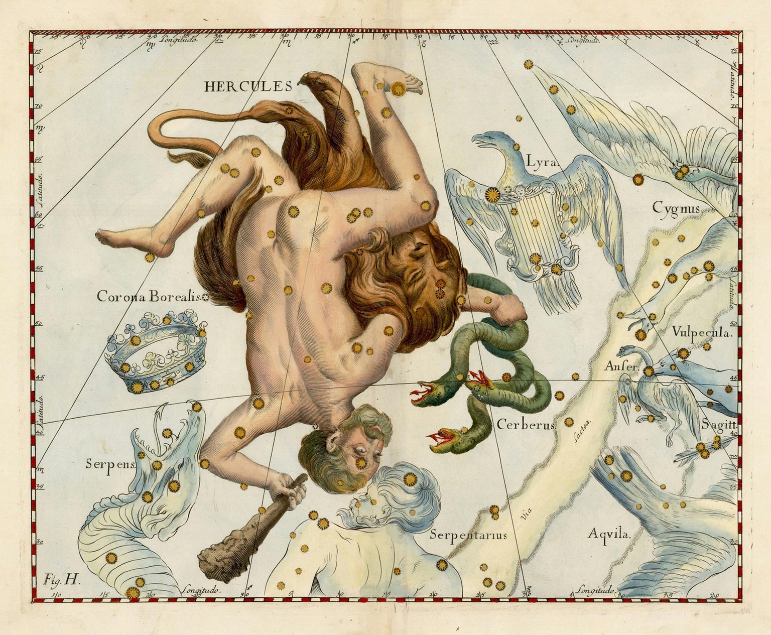 Darstellung aus der «Uranographia» von Johannes Hevelius (1611–1687) mit dem Sternbild HERCULES (HERAKLES), Danzig, 1687. Der Pole Jan Heweliusz gehört zu den bedeutendsten Astronomen seiner Zeit.
htt ...