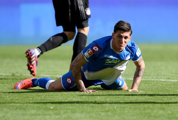 SINSHEIM, GERMANY - APRIL 18: Steven Zuber of Hoffenheim looks dejected during the Bundesliga match between 1899 Hoffenheim and FC Bayern Muenchen at Wirsol Rhein-Neckar-Arena on April 18, 2015 in Sin ...