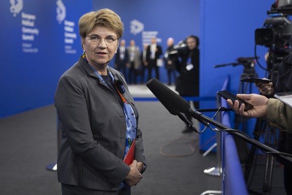 Swiss Federal President Viola Amherd answers questions of journalists at the European Political Community (EPC) Summit at the Puskas Arena in Budapest, Hungary, Thursday, November 7, 2024. (KEYSTONE/P ...