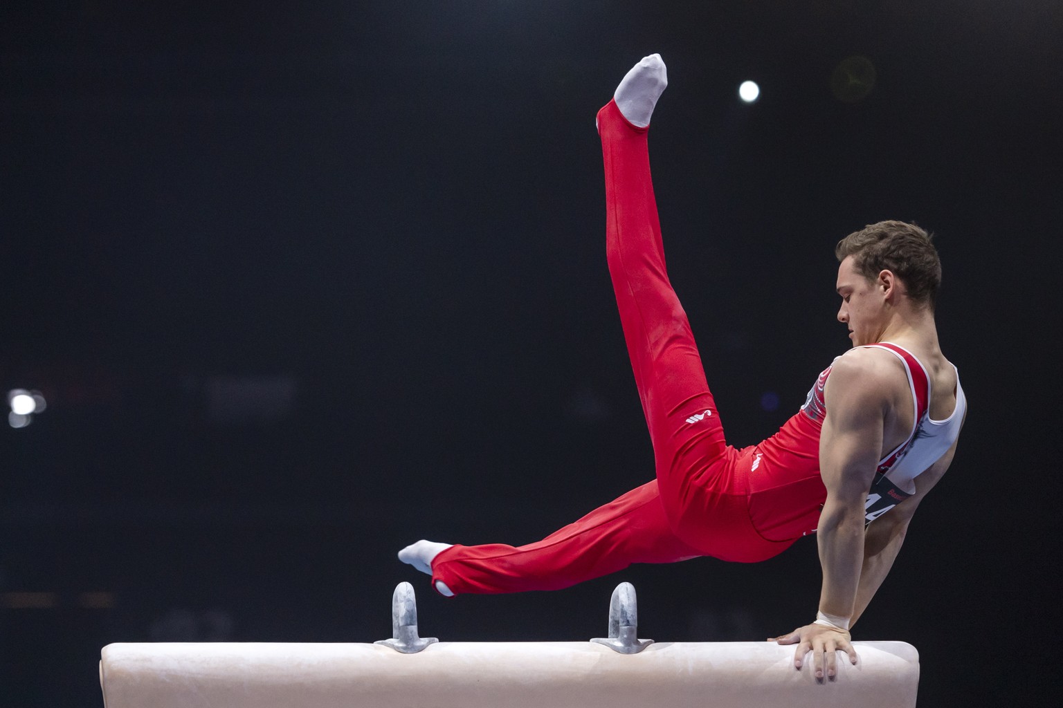 epa09152980 Switzerland&#039;s Noe Seifert performs on the pommel horse during the men&#039;s qualification round of the 2021 European Artistic Gymnastics Championships in the St. Jakobshalle in Basel ...