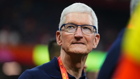 NEW ORLEANS, LA - FEBRUARY 09: Apple CEO Tim Cook is seen on the field prior to Super Bowl LIX between the Kansas City Chiefs and the Philadelphia Eagles at Caesars Superdome on February 9, 2025 in Ne ...