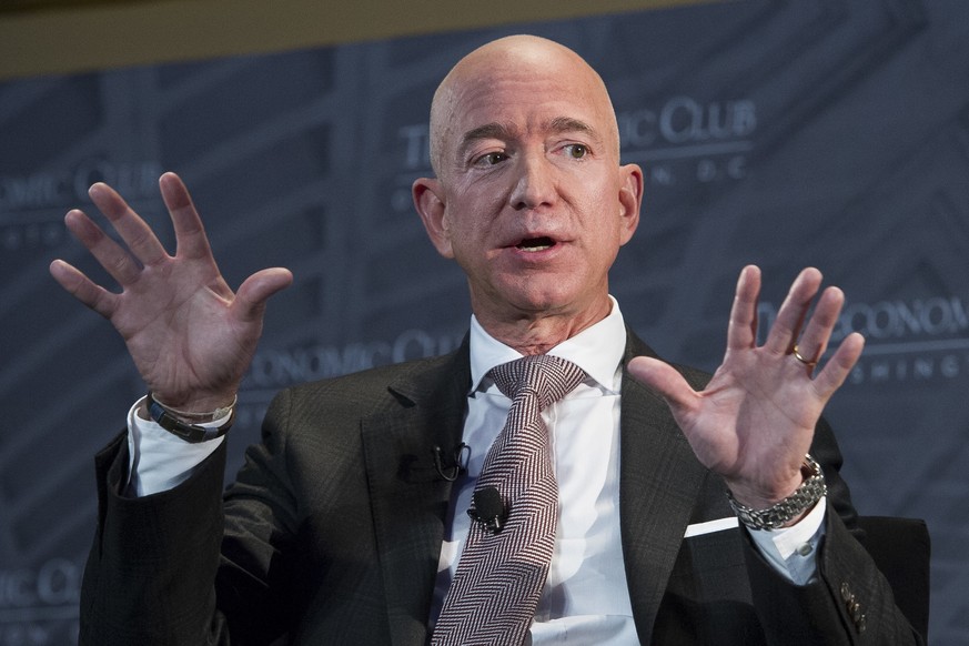 FILE - In this Sept. 13, 2018, file photo, Jeff Bezos, Amazon founder and CEO, speaks at The Economic Club of Washington&#039;s Milestone Celebration in Washington. Bezos announced in September that h ...