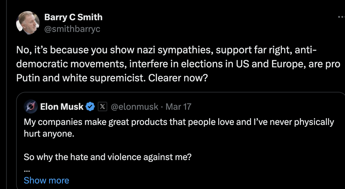 «Nein, es ist, weil du Nazi-Sympathien zeigst, rechtsextreme und undemokratische Bewegungen unterstützt, dich in Wahlen in den USA und Europa einmischst, ein Putin-Freund und für eine weisse Vorherrsc ...