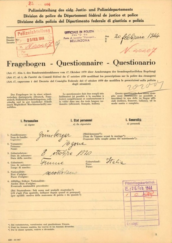 Fragebogen beantwortet von Egon Gruenberger nach dem zweiten, erfolgreichen Versuch, in die Schweiz einzureisen. Bellinzona, 20.2.1944.
https://www.recherche.bar.admin.ch/recherche/#/de/archiv/einheit ...