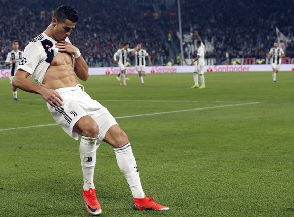 FILE - In this Wednesday, Nov. 7, 2018 file photo, Juventus forward Cristiano Ronaldo celebrates after scoring his side&#039;s opening goal during the Champions League group H soccer match between Juv ...