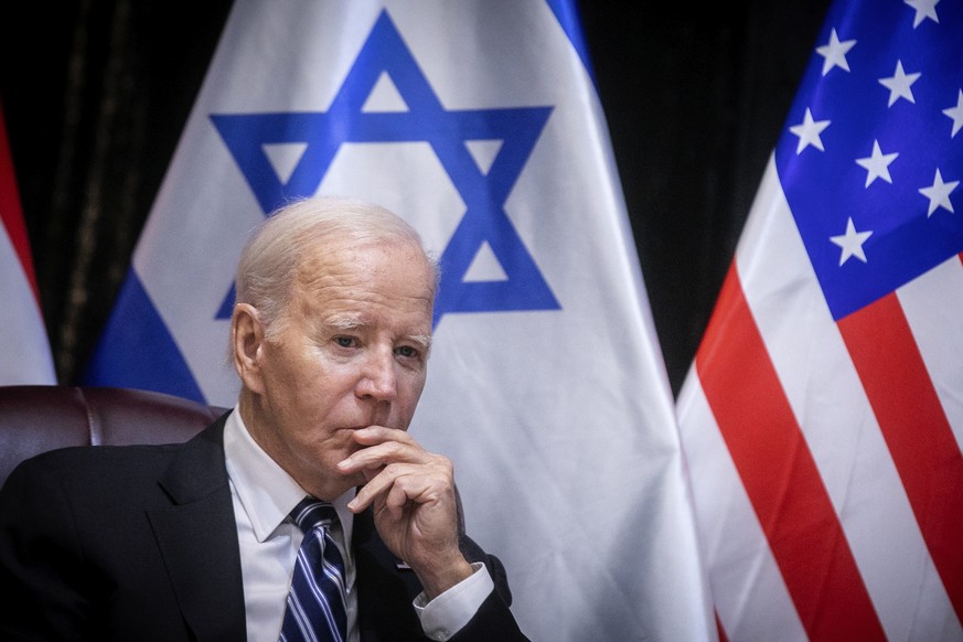U.S. President Joe Biden pauses during a meeting with Israeli Prime Minister Benjamin Netanyahu to discuss the war between Israel and Hamas, in Tel Aviv, Israel, Wednesday, Oct. 18, 2023. (Miriam Alst ...