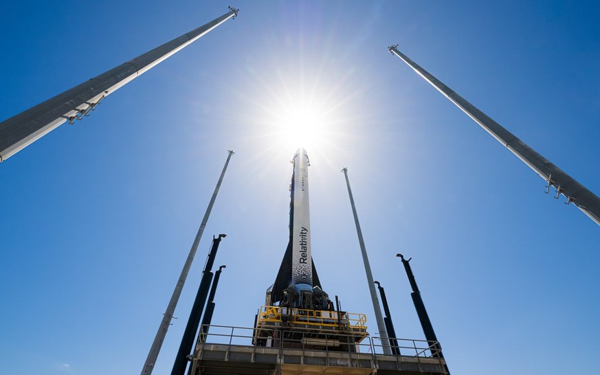 In this photo from Relativity Space, the company's Terran 1 rocket sits on a launch pad in Cape Canaveral, Florida, on Wednesday, March 22, 2023. About 85% of the rocket's structural mass…