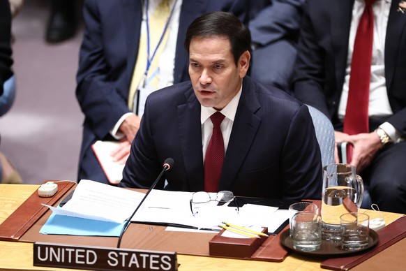 U.S. Secretary of State Marco Rubio speaks during a United Nations Security Council ministerial meeting on Ukraine at the U.N. headquarters, Tuesday, Sept. 23, 2025. (Charly Triballeau/Pool Photo via  ...