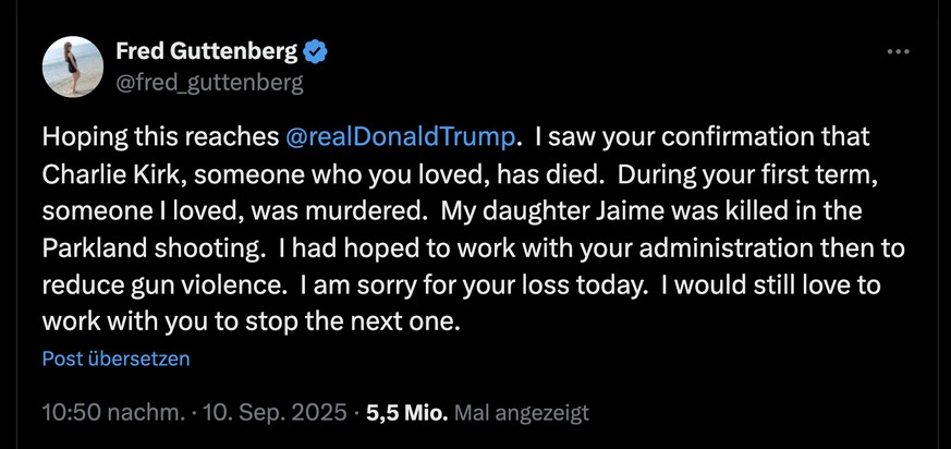 Fred Guttenberg, Vater eines Schulmassaker-Opfers, richtet sich nach der Ermordung von Charlie Kirk an den US-Präsidenten Donald Trump (10. Sept. 20259