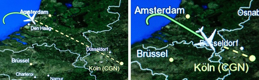 epa07198448 A composite photo of the monitor onboard showing the route of the Chancellor Airbus &#039;Konrad Adenauer&#039; in near Amsterdam and near Cologne, Netherlands/Germany, 29 November 2018. A ...