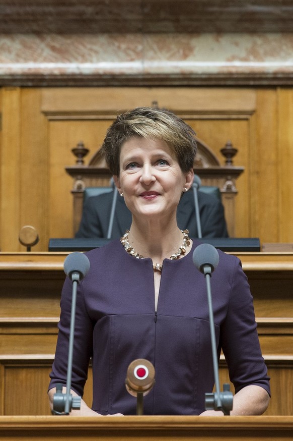 Simonetta Sommaruga, newly elected Swiss Federal President, talks to the members of the Swiss Federal Convention, Wednesday, December 3, 2014 during the session of the Swiss parliament in Bern. (KEYST ...