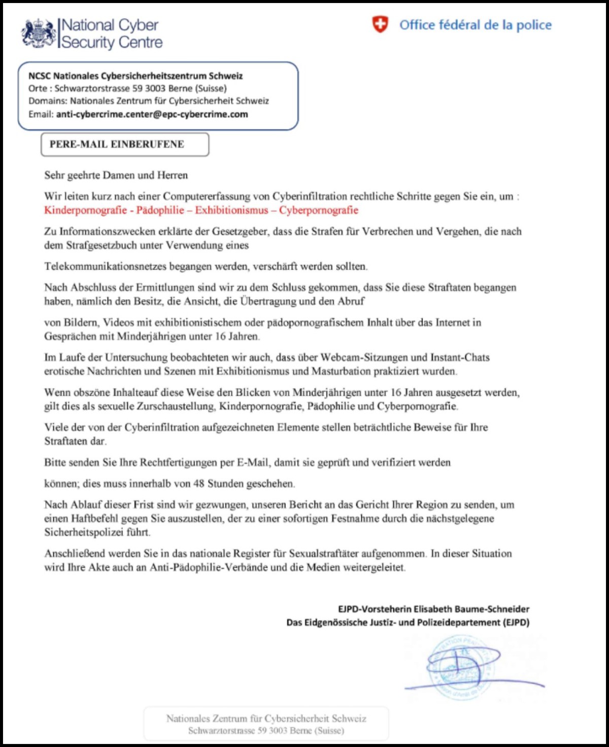 Fake-Extortion-E-Mail im Namen des NCSC mit Logo des englischen Pendants, angeblich unterschrieben von Elisabeth Baume-Schneider.