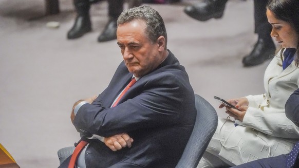 FILE - Israel&#039;s Foreign Affairs Minister Israel Katz listens during a meeting of the United Nations Security Council on the war in Gaza, March 11, 2024, at U.N. headquarters. (AP Photo/Bebeto Mat ...