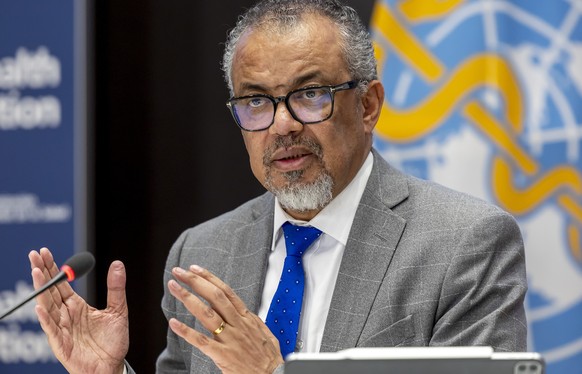 epa11768896 Tedros Adhanom Ghebreyesus, Director General of the World Health Organization (WHO), talks to the media during a press conference organized by the Geneva Association of United Nations Corr ...
