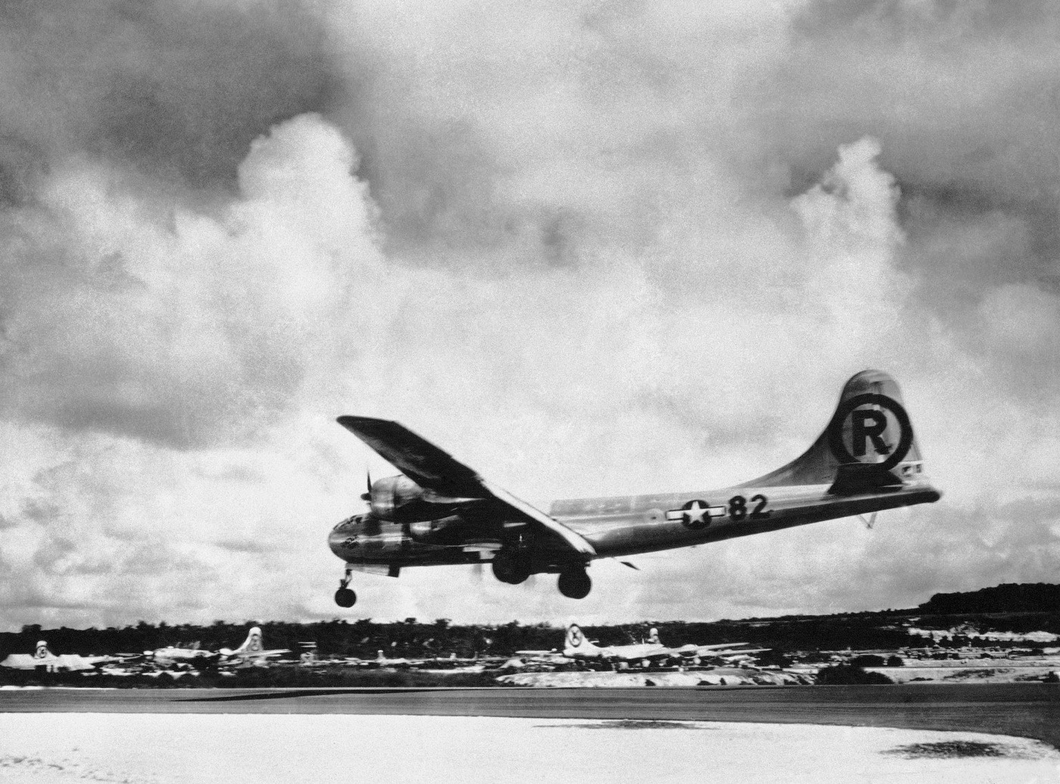 FILE - In this Aug. 6, 1945 file photo, the &quot;Enola Gay&quot; Boeing B-29 Superfortress lands at Tinian, Northern Mariana Islands after the U.S. atomic bombing mission against the Japanese city of ...