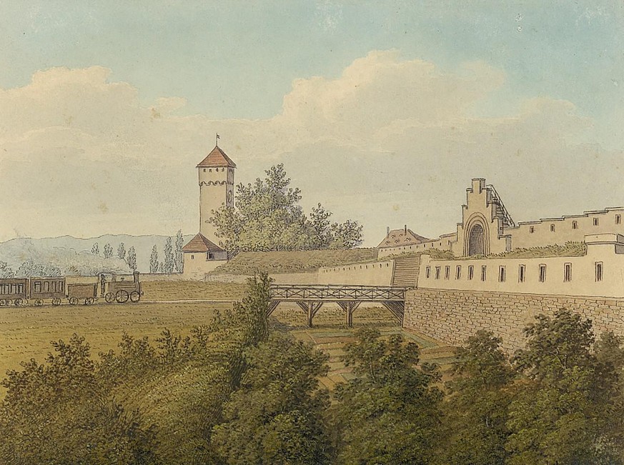 Das Eisenbahntor in der Basler Stadtmauer um 1861.