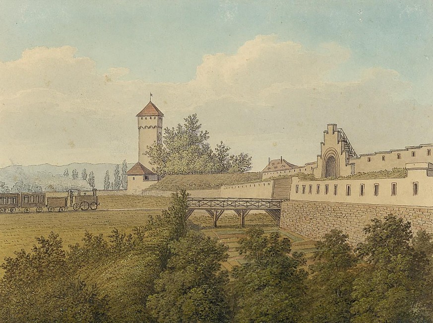 Das Eisenbahntor in der Basler Stadtmauer, um 1861.
https://query.staatsarchiv.bs.ch/query/detail.aspx?ID=99401