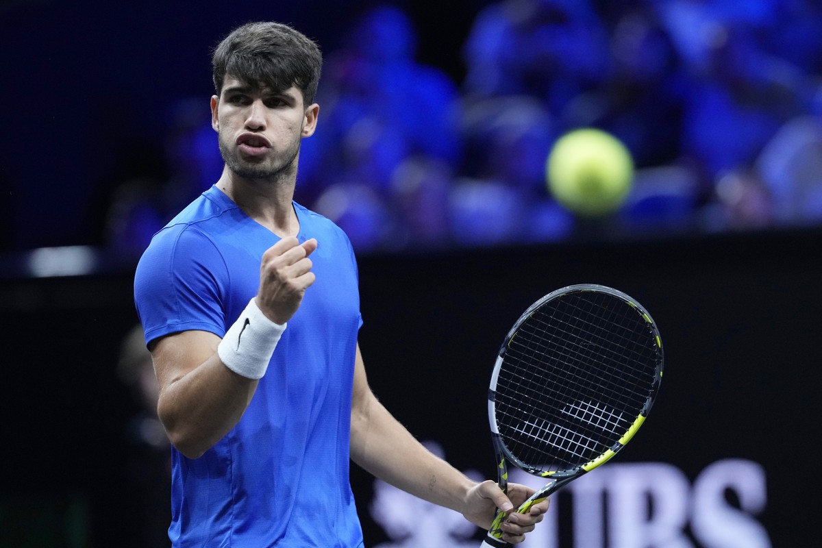 Team Europe's Carlos Alcaraz reacts during his singles tennis match against Team World's Taylor Fritz on the third day of the Laver Cup tennis tournament, at the Uber arena in Berlin, German ...