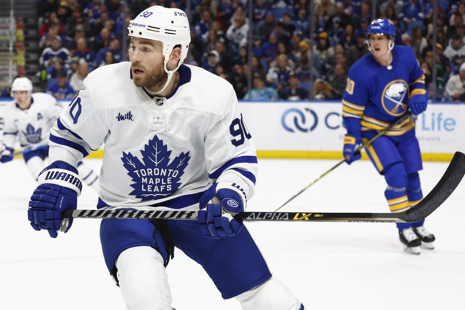 Toronto Maple Leafs center Ryan O&#039;Reilly (90) skates during the second period of the team&#039;s NHL hockey game against the Toronto Maple Leafs, Tuesday, Feb. 21, 2023, in Buffalo, N.Y. (AP Phot ...